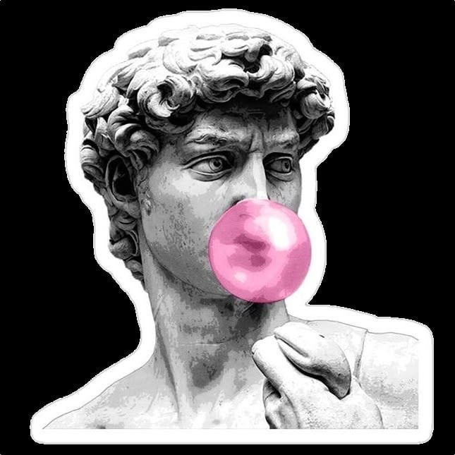 Est&aacute;tua de Davi soprando uma bola de chiclete rosa